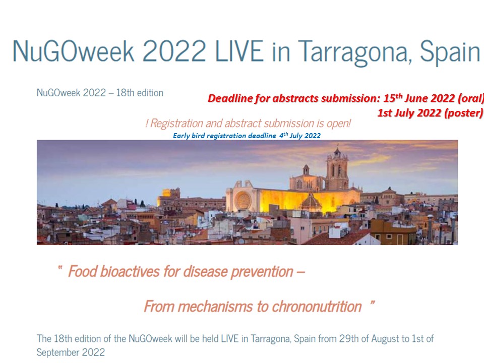 NuGo Week 2022 Tarragona (@nugoweek22) on Twitter photo ‼️Deadline abstracts submission for oral presentations is now extended!! 15th June 2022🗓️
Early bird registration deadline 4th July‼️ <a href="/nutrigenomics/">Michael Müller</a> <a href="/bioquimicaURV/">Bioquímica URV</a> ‼️Deadline abstracts submission for oral presentations is now extended!! 15th June 2022🗓️
Early bird registration deadline 4th July‼️ <a href="/nutrigenomics/">Michael Müller</a> <a href="/bioquimicaURV/">Bioquímica URV</a>