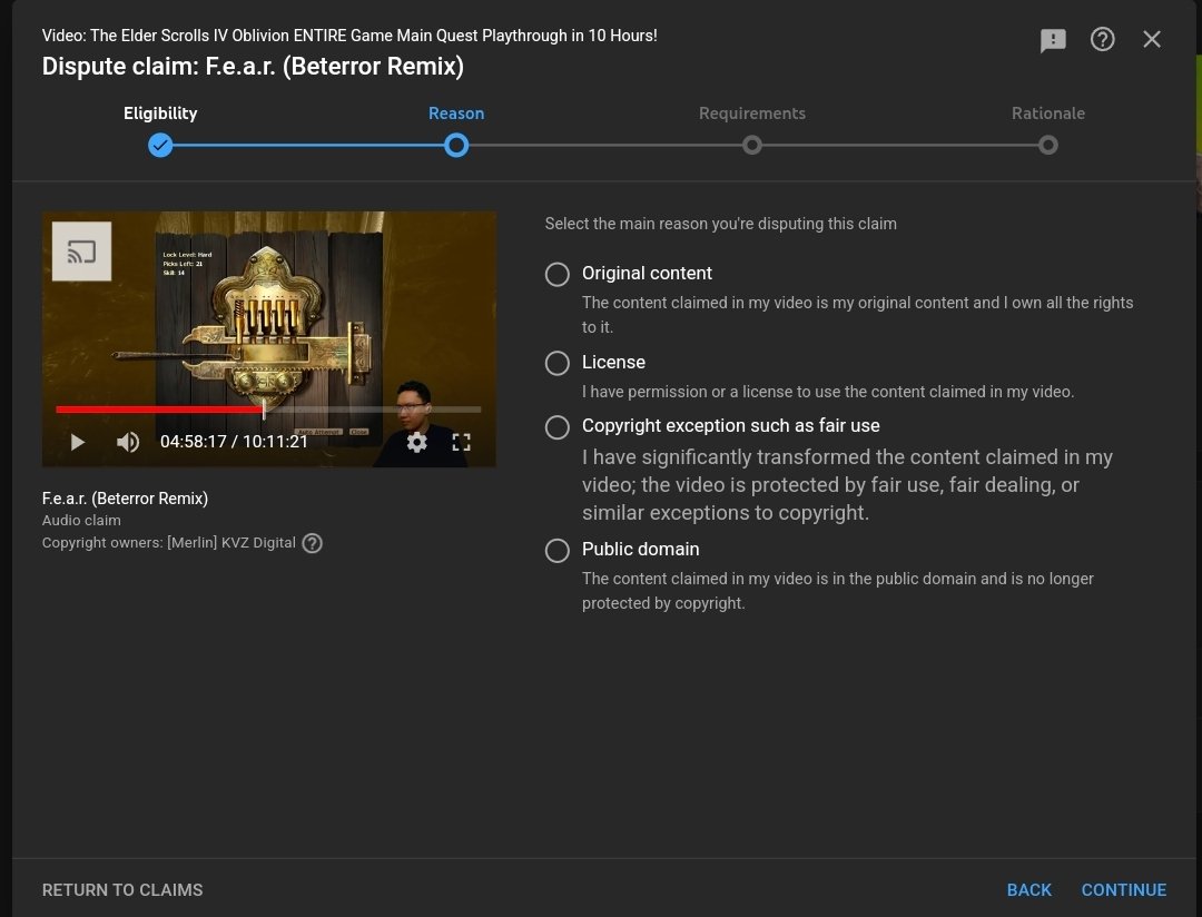 GamerZakh's tweet photo. Hey @YouTubeCreators @YouTube... How come if I want to dispute a copyright claim there's no option for "The song being claimed DOESN'T EXIST in the video"?

Sorry but F.e.a.r. (Beterror Remix) isn't in Oblivion.

None of these are correct, so I have to lie then sign my name? https://t.co/RdUQ7bVP4N