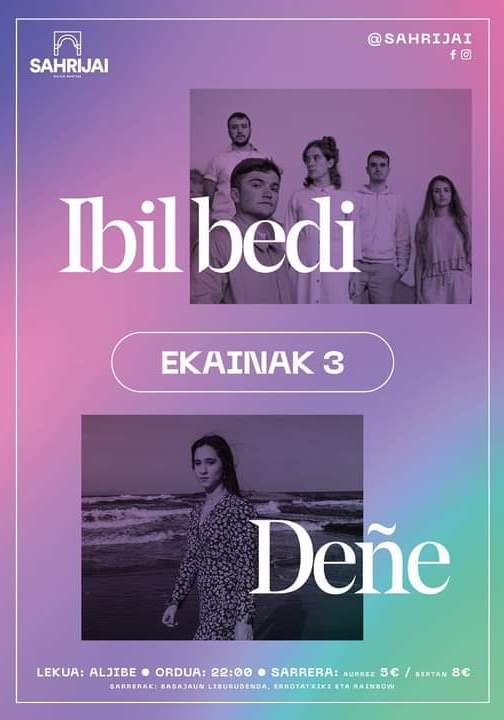 VillabonaUdala's tweet photo. Ostiral honetan Sahrijai kultur elkarteak antolatutako kontzertua izango da 22:00etatik aurrera Aljibean. @ibilbedi talde nafarra eta Deñe kantautore gazte azpeitiarra izango dira oholtza gainean.
Anima zaitezte zuzeneko musikaz gozatzera!
#Kultura #Musika #Aljibea #Villabona https://t.co/esAs2JmGiM