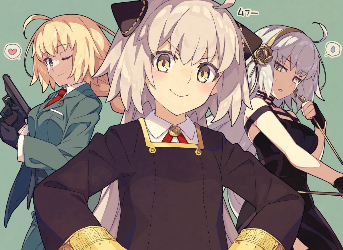 anya (spy x family) ,jeanne d'arc (fate) ,jeanne d'arc alter (fate) cosplay multiple girls 3girls eden academy school uniform blonde hair weapon ahoge  illustration images