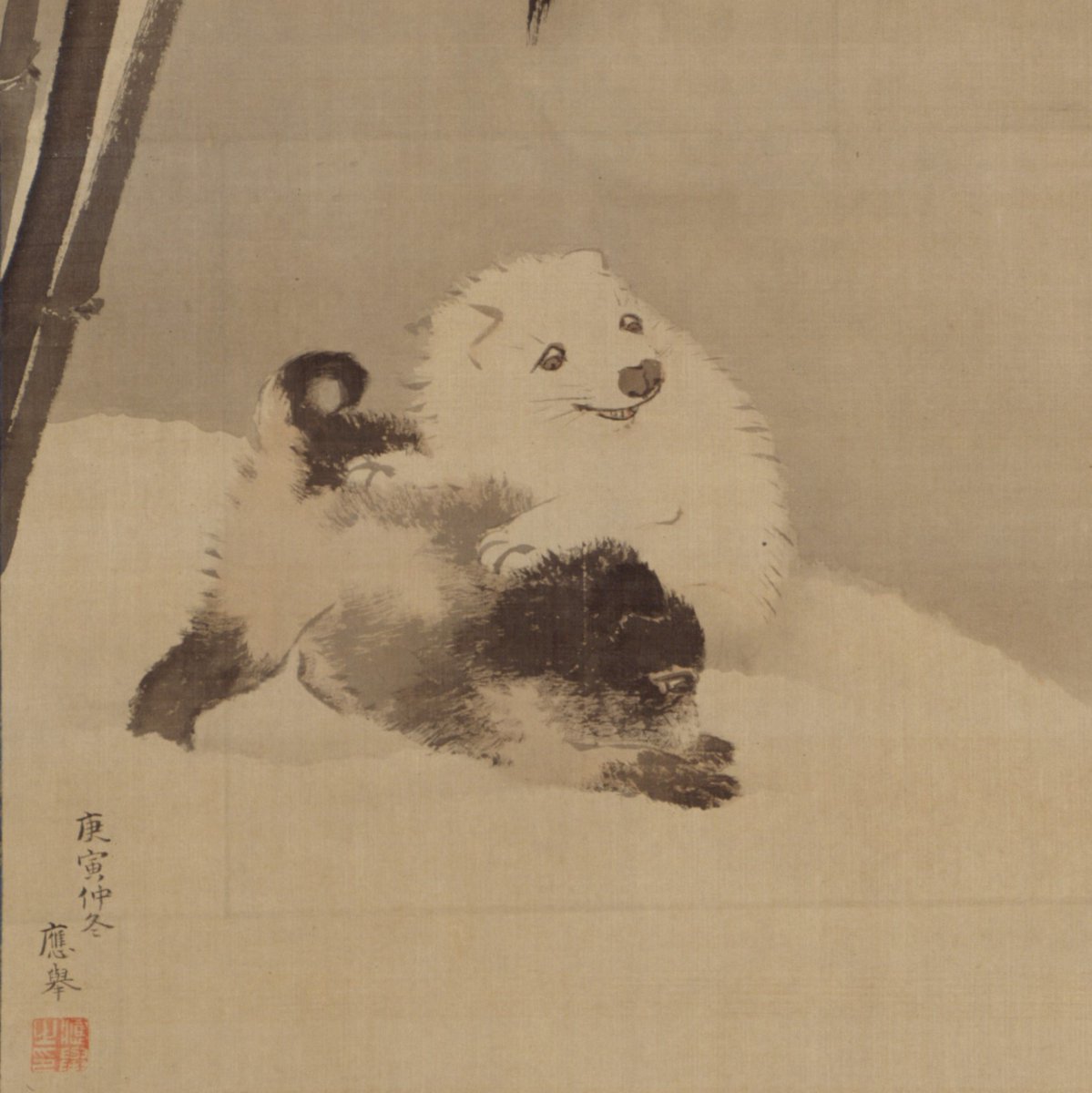 日本画 竹梅双狗図 壁掛け 立掛け 犬 子犬 竹 梅 太陽 日 掛軸 わんちゃん 今日は「こどもタイム」があります。 午前10時から午後1時まで展示室内