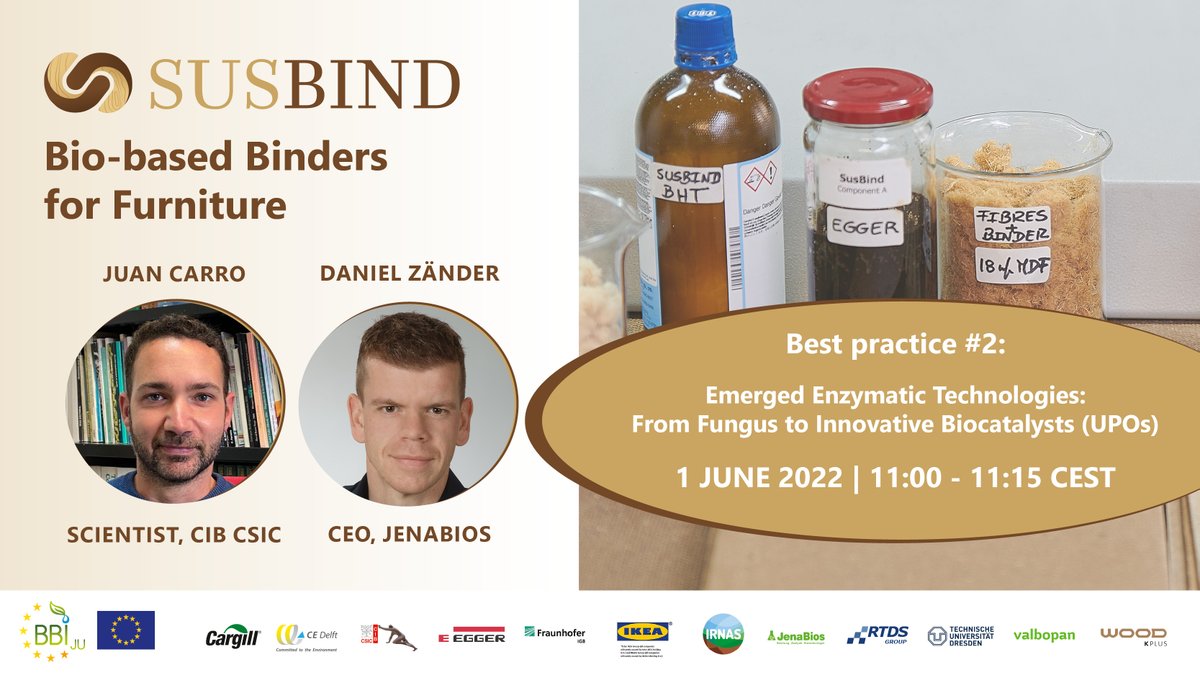 susbind's tweet photo. 🏃🏻‍♀️We are almost there 👉🏻 1 more day to our Final Online Conference! 
Tomorrow our partner scientists @CIB_CSIC #JenaBios will be presenting their excellent project  results of their #research #enzymes #upo
🎯 #biobased #binders for #furniture♻️
Register 👉🏻https://t.co/GHJz38PH7j https://t.co/JOB60xBVrE