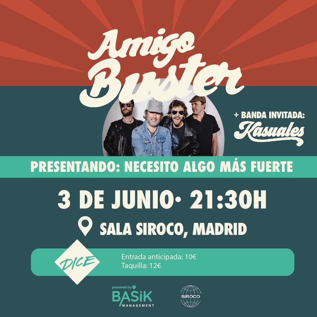 Los madrileños <a href="/amigobustershow/">Amigo Buster</a>, estarán este viernes 3 de junio en la <a href="/SirocoSala/">Sala Siroco</a> de Madrid, acompañados por #Kasuales

Entradas disponibles en <a href="/dicefm/">DICE</a>