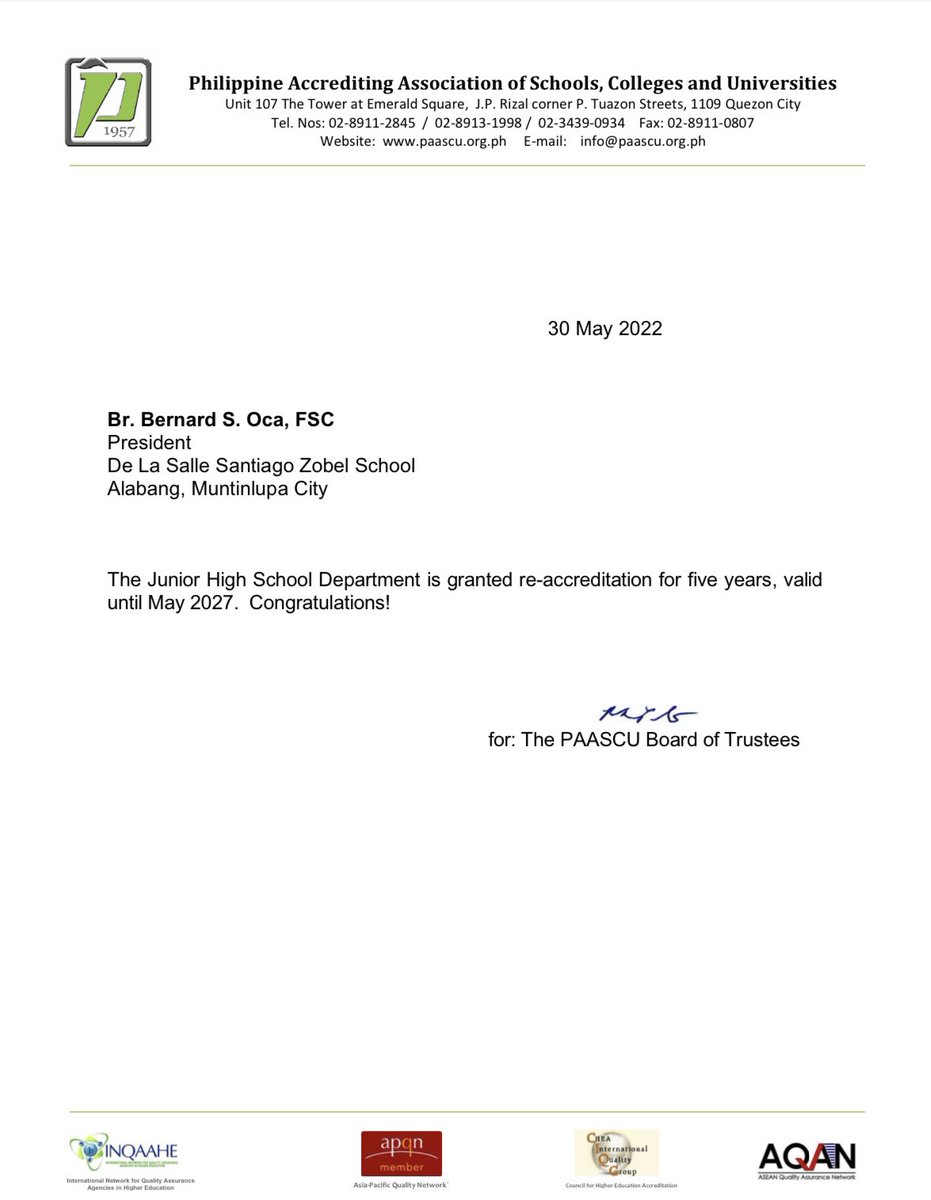 dls_zobel's tweet photo. Congratulations to the DLSZ Junior High School Department for receiving the PAASCU Level III re-accreditation until May 2027!

Read full story: https://t.co/B8NGFyjhAE

Animo La Salle!

#DLSZ #PAASCU https://t.co/1eBm6PUodW