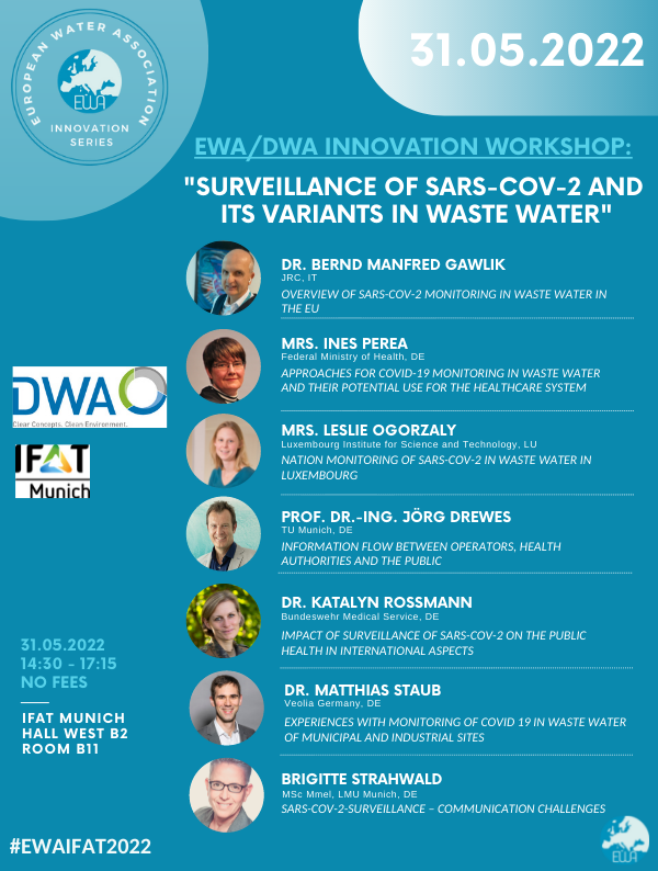 water_ewa's tweet photo. #EWAIFAT2022
#IFAT2022

This afternoon is our "Surveillance of SARS-CoV-2 and variants in Waste Water" workshop and we hope see you all there!

The workshop starts at 2:30 pm in room B11 at IFAT. 

The workshop will be followed by a reception! 

Come join us! https://t.co/QvDtrXm4zv