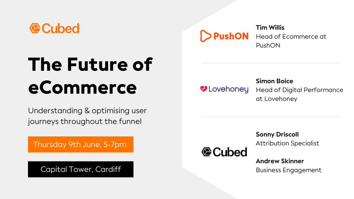 withCUBED's tweet photo. Our next digital marketing event takes place on 9th June at the Capital Tower in Cardiff.

We’ll be joined by Timothy Willis from @PushONltd, Simon Boice from @Lovehoney and Sonny Driscoll &amp; Andrew Skinner from Cubed.

Sign up by using the link below:
https://t.co/hBv432b6J7 https://t.co/DhgLpd6hVx
