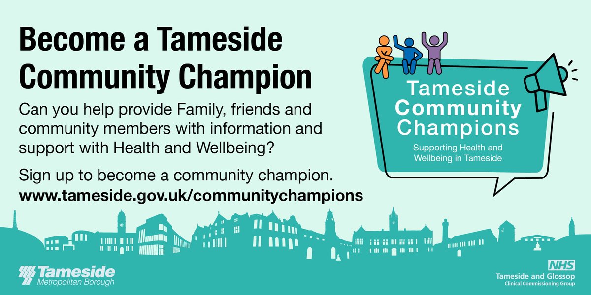 Could you become a Community Champion? 🏆 

Tameside Community Champions can be anyone who live or work in the community. You might be the person that everyone knows and trusts.

Find out more and register here 👉🏼  tameside.gov.uk/communitychamp…