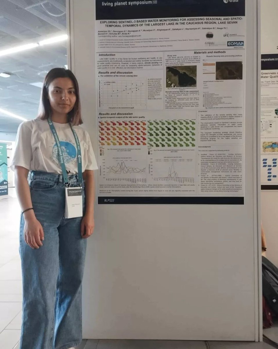 CENS_Ecocenter's tweet photo. Our girls from GIS and Remote Sensing department send warmest Hello from 5th 
@esa Living Planet Symposium🛰️#LPS22, promoting poster: Exploring Sentinel 3 based water monitoring for assessing seasonal and spatiotemporal dynamics of the largest lake in Caucasus region #LakeSevan https://t.co/nPq4b7ylCz