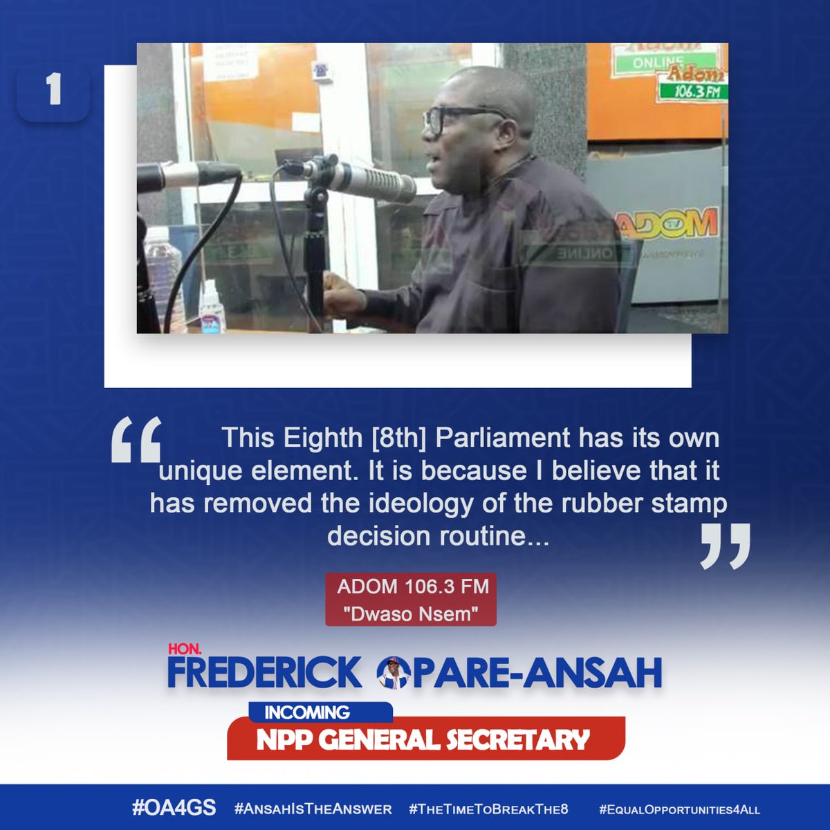 richie_RMB's tweet photo. RT: @OA4GS The Incoming General Secretary, writes:
*This Eighth (8th) Parliament has it's own unique element. It is because I believe that it has removed the ideology of the rubber stamp decision routine*
#AnsahIsTheAnswer π³π±ππ³π±
#TheGrassrootsChoice
#TheTimeToBreakThe8
#OA4GS https://t.co/9W3DRM8ChY