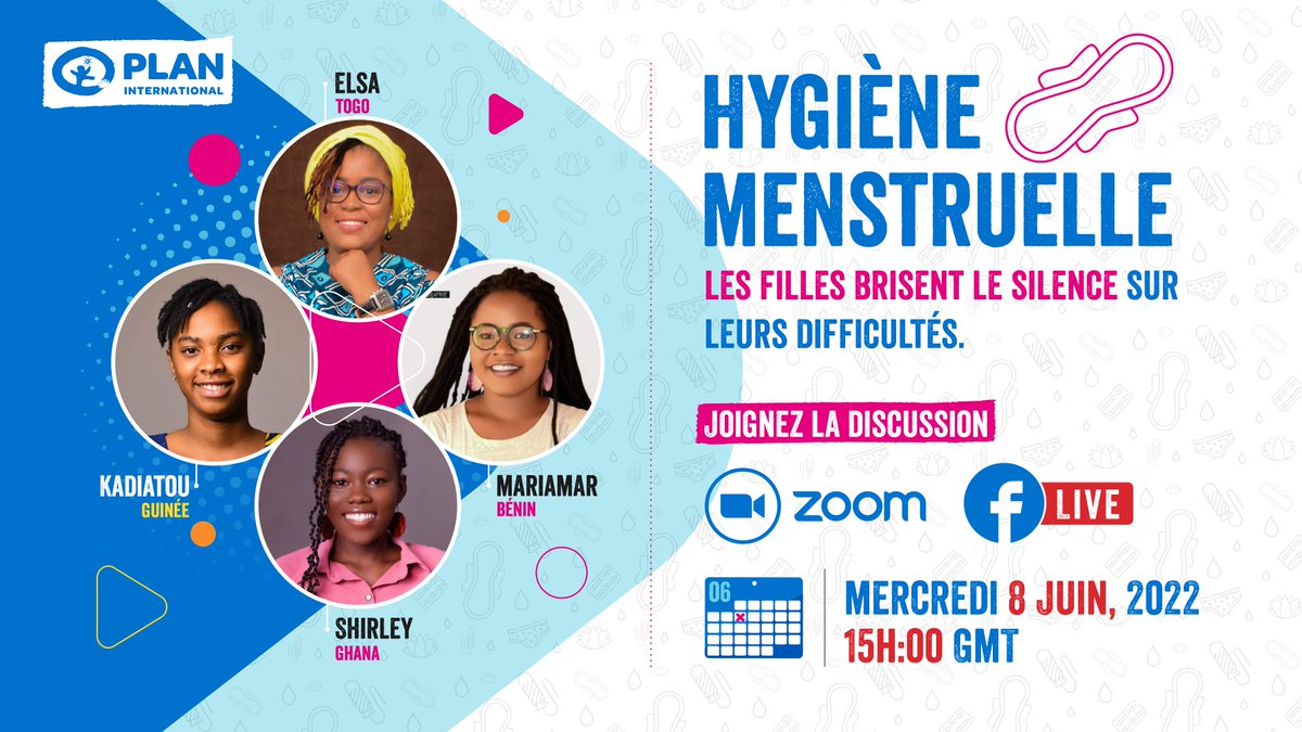 #HygièneMenstruelle, et si on parlait des difficultés rencontrées par les filles en 2022🤔 ?

Le Mercredi 8 Juin à 15h GMT, participe à la discussion avec les jeunes du Sommet Mondial des Filles au #Togo.

Lien d'inscription👉 ow.ly/Pi1p50JlqKr
#MHD #MenstrualHygieneDay