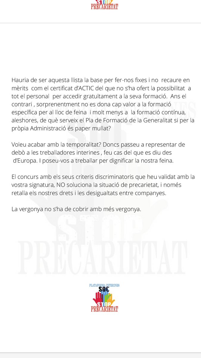 DelInterines's tweet photo. 🔴🔴COMUNICAT PLATAFORMA INTERINES SOC RELATIU A L'OFERTA PÚBLICA D'ESTABILITZACIÓ DE LA GENERALITAT DE CATALUNYA 🔴🔴
Perquè la vergonya no es tapa amb més vergonya ❗❗@govern @ugtcatalunya @ccoocatalunya @CATAC_IAC
#CapInterinaAlCarrer
#LesQueHiSomEnsQuedem
#Fixesa
#Interines https://t.co/vx94fZf40R