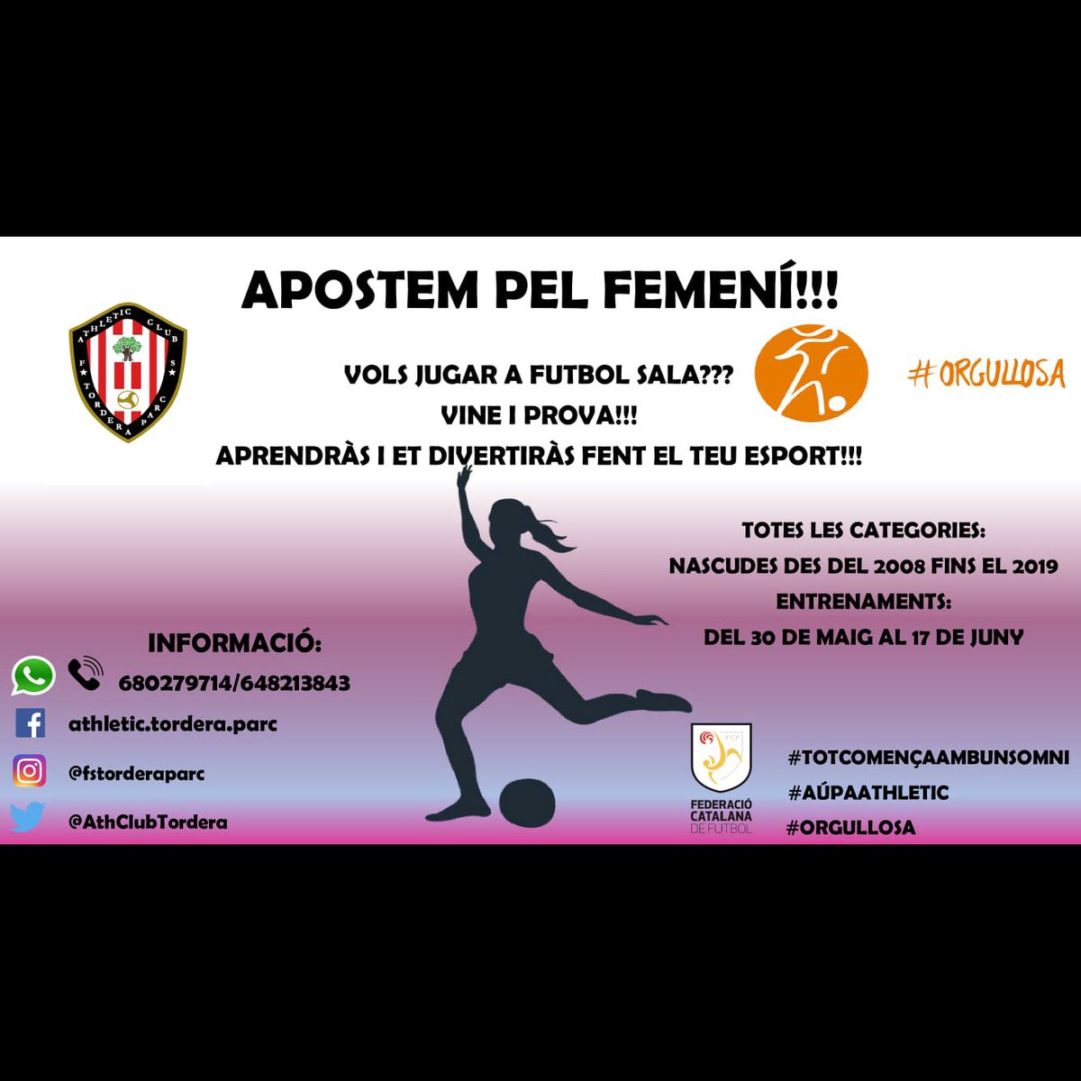 AthClubTordera's tweet photo. Si t'agrada el futbol sala vine a les Jornades de Portes Obertes del @AthClubTordera !!

Del 30 de Maig al 17 de Juny

Ens pots trucar o enviar WhatsApp x més info als números:

680279714 / 648213843
@RadioTordera  @Aj_Tordera 
#futsal #totcomençaambunsomni #aúpaathletic #tordera https://t.co/BdNuSesvSd