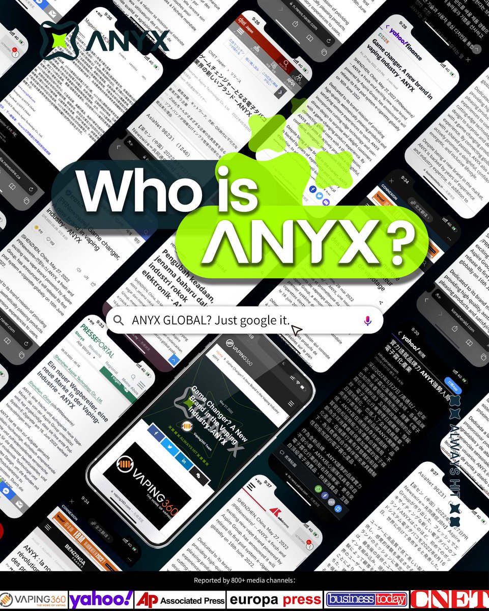 anyx_global's tweet photo. Who is ANYX? Just google it.
More than 800 media channels (including VAPING360/Yahoo/CNET) are reporting and discussing ANYX. ANYX is constantly under the spotlight.
The first ANYX pod system e-cigarette will release globally in June 2022. Stay tuned!
#anyx #vape #vaping360 https://t.co/0iqR28sI7g