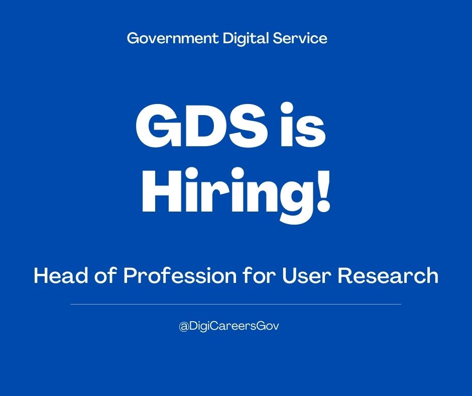 New Role❗️
Head of Profession for User Research
 to join the <a href="/GDSTeam/">GDS</a> 
📍Can be based from London, Bristol, Manchester, York, Glasgow or Birmingham
💰Salary - Up to £77,900 (London)/£71,000 (National) 
To find out more and Apply, please follow the link - gdscareers.tal.net/vx/appcentre-e…