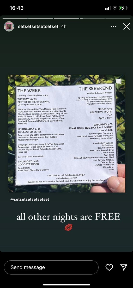 SET (@set_set_set_set) on Twitter photo London come & join our 5 day goodbye-SET-Dalston festival to celebrate our time our Dalston home before we finally move out later this year. Poetry, music, performance Tues-Saturday. Tues-Thurs Free, Fri & Sat book | Line up: ra.co/events/1535350
<a href="/theQuietus/">The Quietus</a> <a href="/TimeOutLondon/">Time Out London</a> London come & join our 5 day goodbye-SET-Dalston festival to celebrate our time our Dalston home before we finally move out later this year. Poetry, music, performance Tues-Saturday. Tues-Thurs Free, Fri & Sat book | Line up: ra.co/events/1535350
<a href="/theQuietus/">The Quietus</a> <a href="/TimeOutLondon/">Time Out London</a>