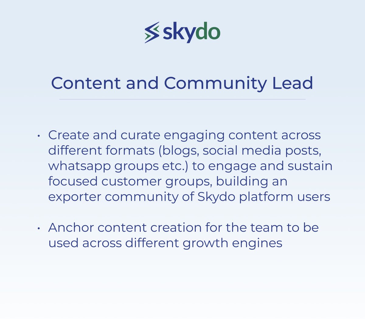 movinj's tweet image. We are hiring for 3 Growth roles at @_skydo

Please reach out if you have:
*2-4 years&apos; relevant experience
*Strong bias for experimentation
*Love for 0-to-1 problems

All roles based in Bangalore

Please RT / share with relevant high-potential folks you know. DMs open
