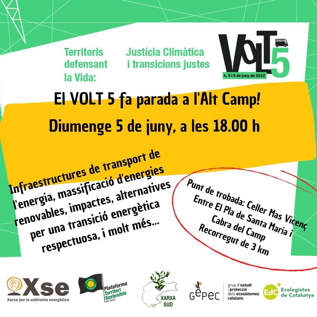 xsecat's tweet photo. #VOLT5 | Fem parada a Alt Camp!

El 5 de juny estarem amb les companyes per parlar d'impactes de les infraestructures energètiques, massificació i d'alternatives per una transició justa!

Queda res per retrobar-nos! 😍 https://t.co/iqJh1HC6vc
