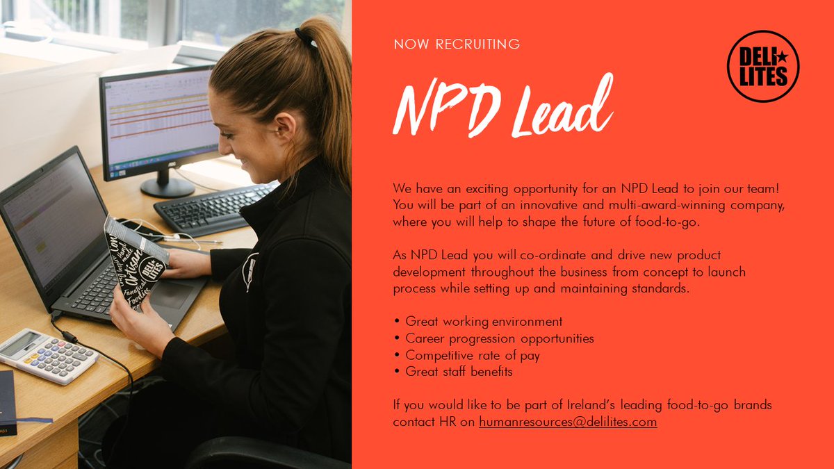 We have an exciting opportunity for an NPD Lead to join our team!

• Great working environment
• Career progression opportunities
• Competitive rate of pay
• Great staff benefits

If you would like to be part of a leading food-to-go brand contact humanresources@delilites.com