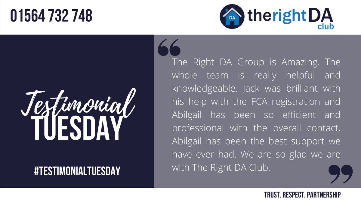 therightdaclub's tweet photo. #TestimonialTuesday

The Right DA Club pride ourselves on having reachable, supportive staff. We're not just names and email addresses. 

Why not give us a call so you have a team you can rely on: 01564 732 748 https://t.co/6kYcvqsYBx
