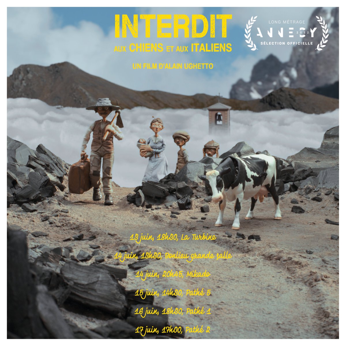 Ne manquez pas les dates d'Interdit aux chiens et aux Italiens en sélection officielle au <a href="/annecyfestival/">Annecy Festival</a> !

13 juin, 18h30, La Turbine
14 juin, 13h30, Bonlieu grande salle
14 juin, 20h45, Mikado
15 juin, 14h30, Pathé 5
16 juin, 18h30, Pathé 1
17 juin, 17h00, Pathé 2