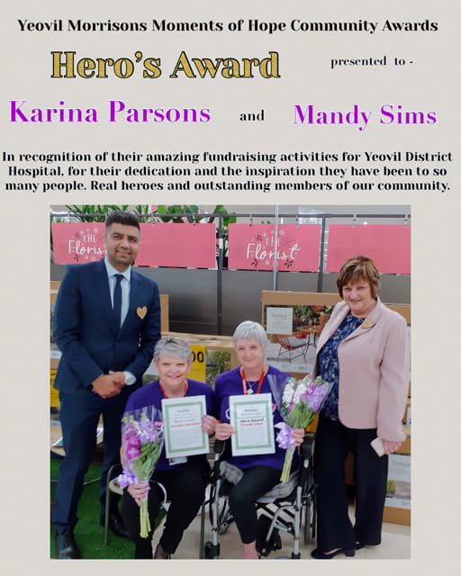 We are super proud of our volunteers Karina and Mandy for winning the well-deserved Hero's Award at the Yeovil Morrisons Moments of Hope Community Awards 👏💜🦸. 
Thank you Morrisons for recognising the incredible work of our wonderful volunteers.