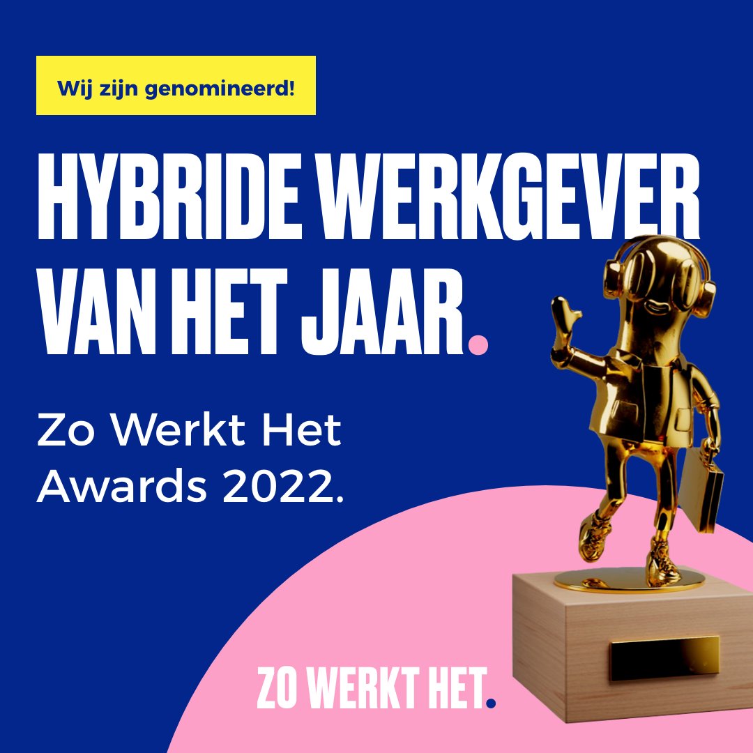 Met een nieuw kantoor helemaal ingericht op hybride werken, een fijne werkplek thuis, wekelijks een hybride weekstart, hybride BeGymlessen, een BeFlexibel-beleid, Energizers, vitaliteitsworkshops en nog veel meer, dingen we mee naar deze Award! #zowerkthetaward #hybridewerken