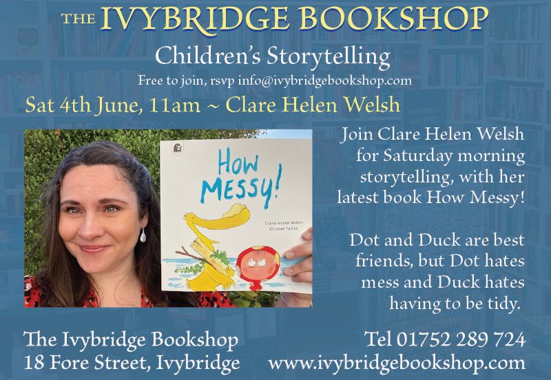 Storytelling this Saturday morning 4th June 11am with Clare Helen Welsh and How Messy! Will friends Dot and Duck let an argument over being untidy spoil their friendship? 
Free to join, please message to register
The Ivybridge Jubilee fete will be running that morning!
#ivybridge