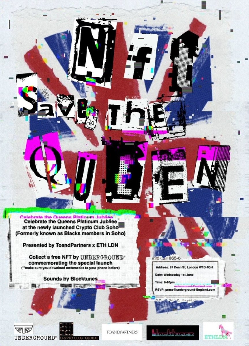 1 day to go!

NFT Saves the Queen meetup at the new private members club Crypto Club London  @CryptoClubLDN 

With tunes provided by <a href="/blocktunesnft/">blocktunes</a> 

Special guests
<a href="/undergroundd81/">undergroundengland</a> 

Info:
meetu.ps/e/L7hvw/mW1X2/i

Signup:
eventbrite.com/e/349074911457