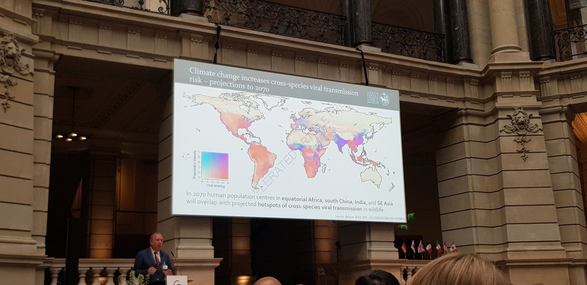 DeborahHosemann's tweet photo. Peter Piot reminds the audience at #g7science that epidemics are a reoccuring phenomenon in our world and that #Covid19 wasn't the last outbreak. Climate change will also further increase the risk of cross-species viral transmission. The 🌍 needs to be better prepared @Leopoldina https://t.co/CMbDMAZav6