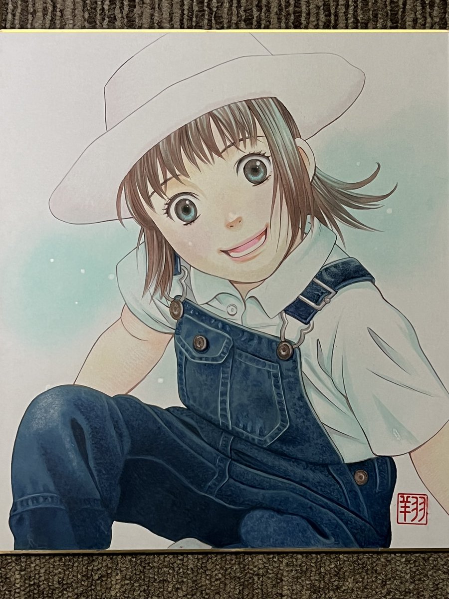 1girl solo overalls brown hair hat smile shirt  illustration images