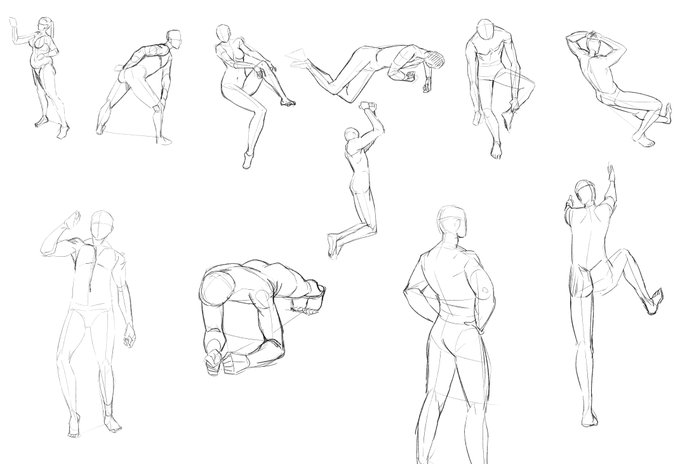 ポーズ模写練習
・等身が高いから比率に注意
・5分くらいなら全身を描ける

明日は手の練習 