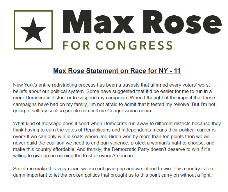 MaxRose4NY's tweet photo. If Democrats can't win in districts like #NY11 then we will never build the coalition we need to end gun violence, protect a woman’s right to choose, and make this country affordable. 

I'm staying in this fight. 

See my full statement below:👇 https://t.co/Jj9yBqDMKr