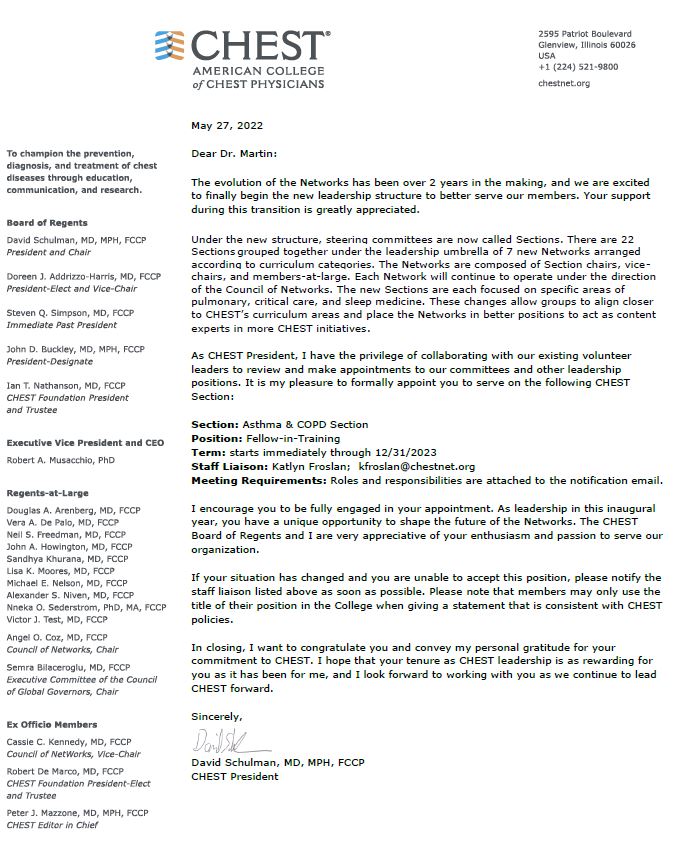 Looking forward to serving as a Fellow-in-Training in the Asthma &amp; COPD Section!! Thank you for such an amazing opportunity <a href="/accpchest/">CHEST</a> <a href="/CHESTPrez/">John Howington, MD, MBA, FCCP</a>. Can't wait to get started!