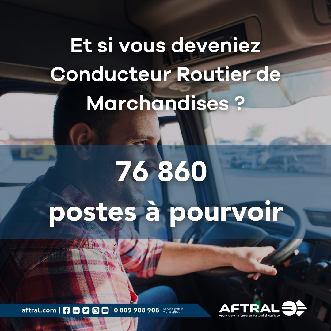 Et si vous deveniez Conducteur Routier de Marchandises ?
 
Aujourd'hui le secteur compte 301 870 conducteurs routiers. 🚚
 
76 860 #postes restent encore à pourvoir !
 
Lancez-vous en vous formant avec #AFTRAL et ses #entreprises partenaires 👉 bit.ly/3x0CMAw