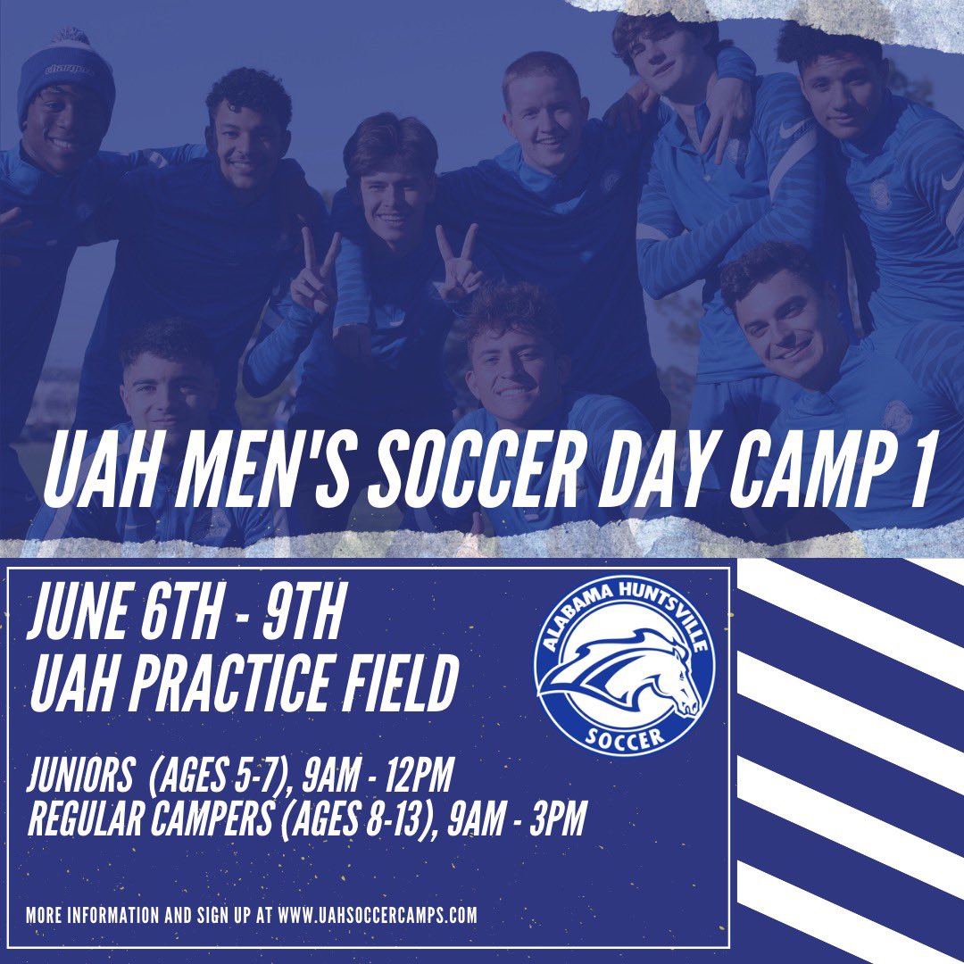 UAH_MSOC's tweet photo. Remember to sign up for Day Camp 1! Come start the summer having fun with UAH players and coaching staff learning more about soccer ⚽️☀️
See you there! https://t.co/SgD5uCdSae