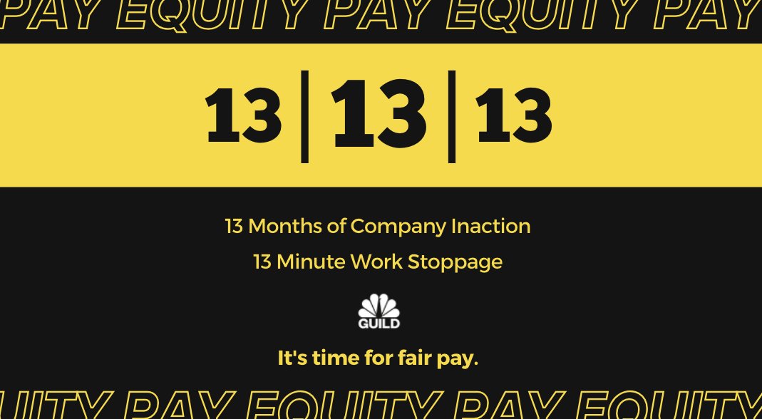 We are walkin’ out! (For thirteen minutes.)

After more than *13 months* of @nbcnews management dragging their feet on our Pay Equity proposal — which would establish an annual study to identify and close pay gaps — we have had enough.