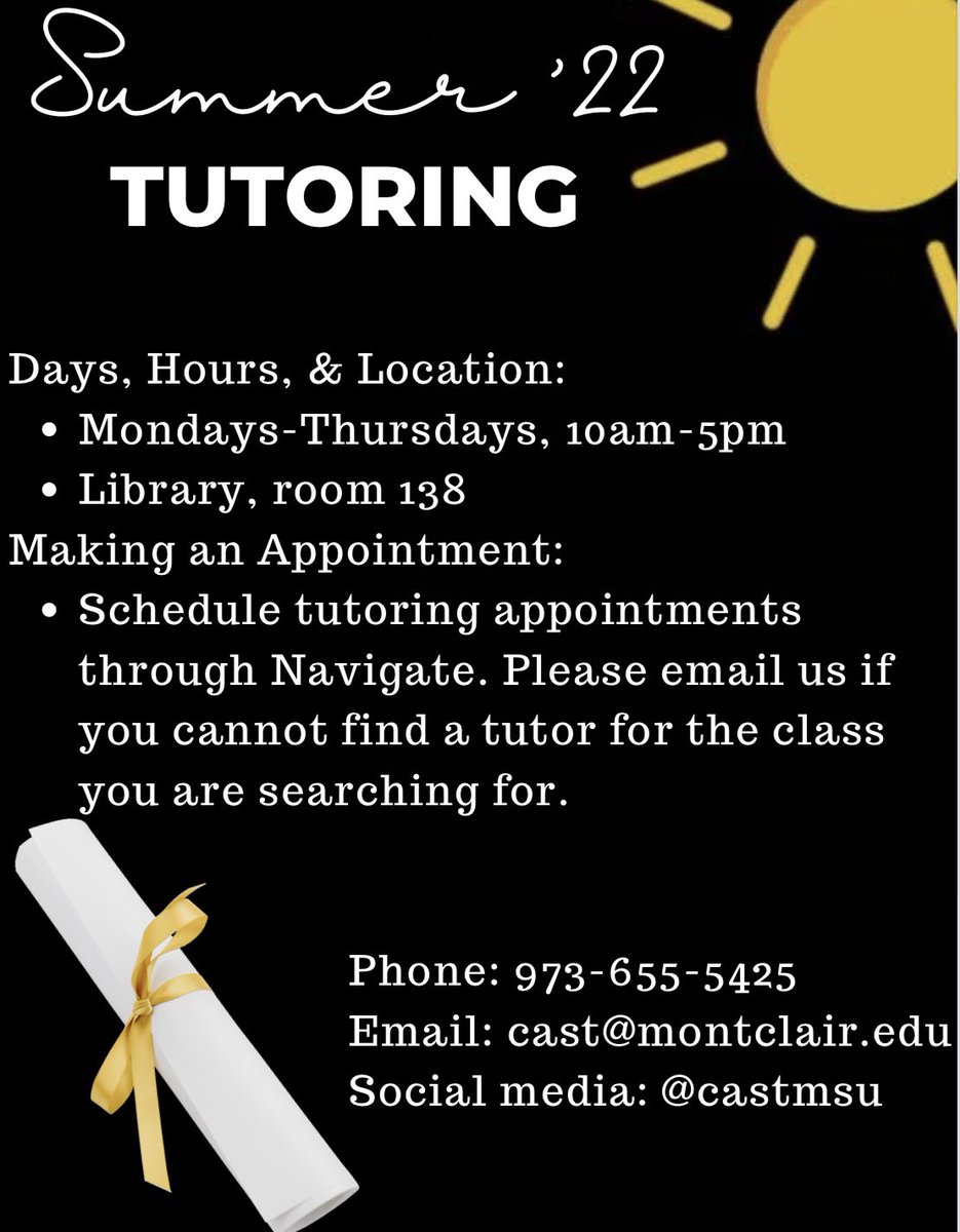 Montclair_CAST's tweet photo. Hello Red Hawks! If you are taking a summer class and need support for your class, please schedule an appointment in Navigate. We look forward to working with you! #montclairstateuniversity #academicsupport #MSU #redhawkpride https://t.co/8SzkgcKf8s