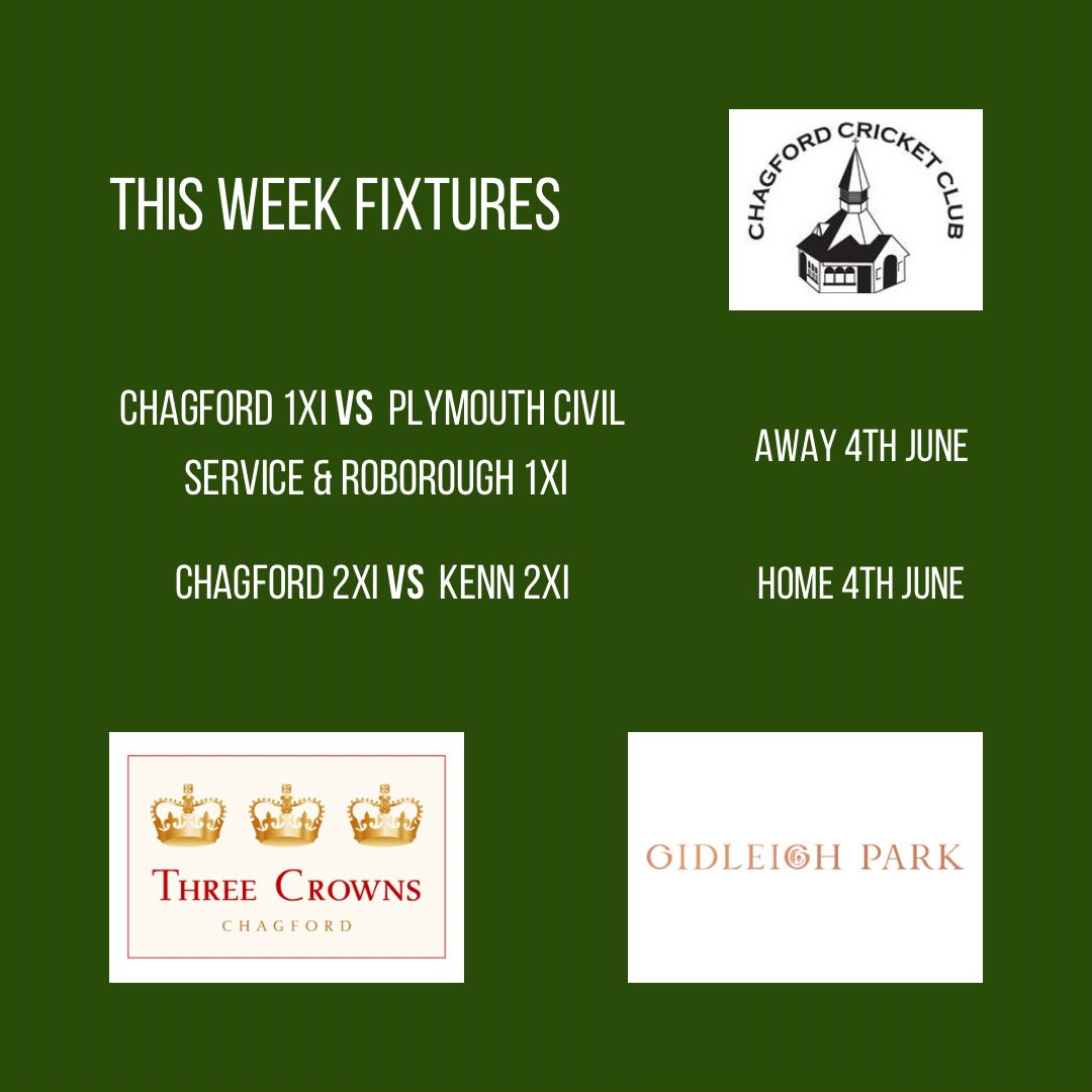 This week’s fixtures. No T20 this week but 1s and 2s go again on Sat 4th June.

If you’re in the areas of Chagford on Saturday, why not pop down to the ground to watch the game and have a picnic.

#idontlikecricketiloveit #grassroots #cricket #devoncricketleague #devoncricket