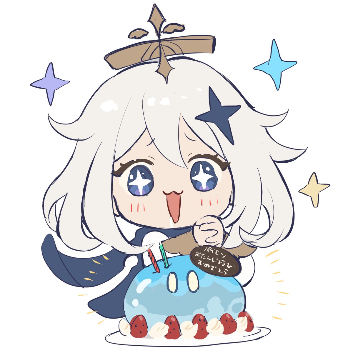 paimon (genshin impact) 1girl cake food halo white hair birthday cake candle  illustration images