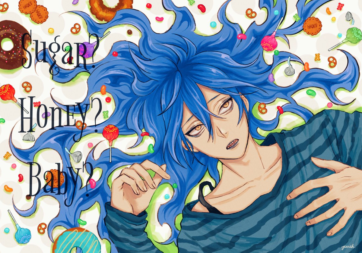 male focus 1boy long hair food blue hair solo striped shirt  illustration images