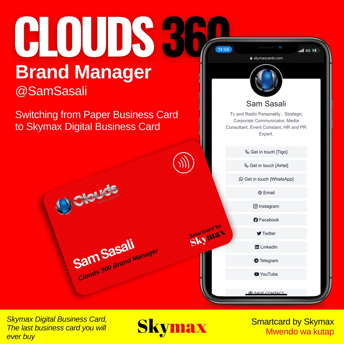 skymaxdigital's tweet photo. Clouds 360 Brand Manager @SamSasali Switching from paper business Card to Skymax Digital Business Card.

Na wewe bado hujachelewa 

Switch now ☑️
Call/ WhatsApp:+255 744 275 208

#skymax #skymaxdigital #skymaxdigitalbusinesscards https://t.co/Jd9ZMlT5rz