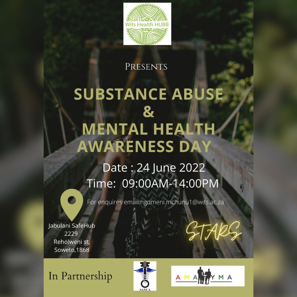 Wits Health Hubb is hosting a Substance Abuse and Mental Health Awareness campaign in the 24th of June 2022 at Jabulani Safe-Hub in Jabulani, Soweto.

Come join us as we raise awareness about dangers and effects of substance abuse.