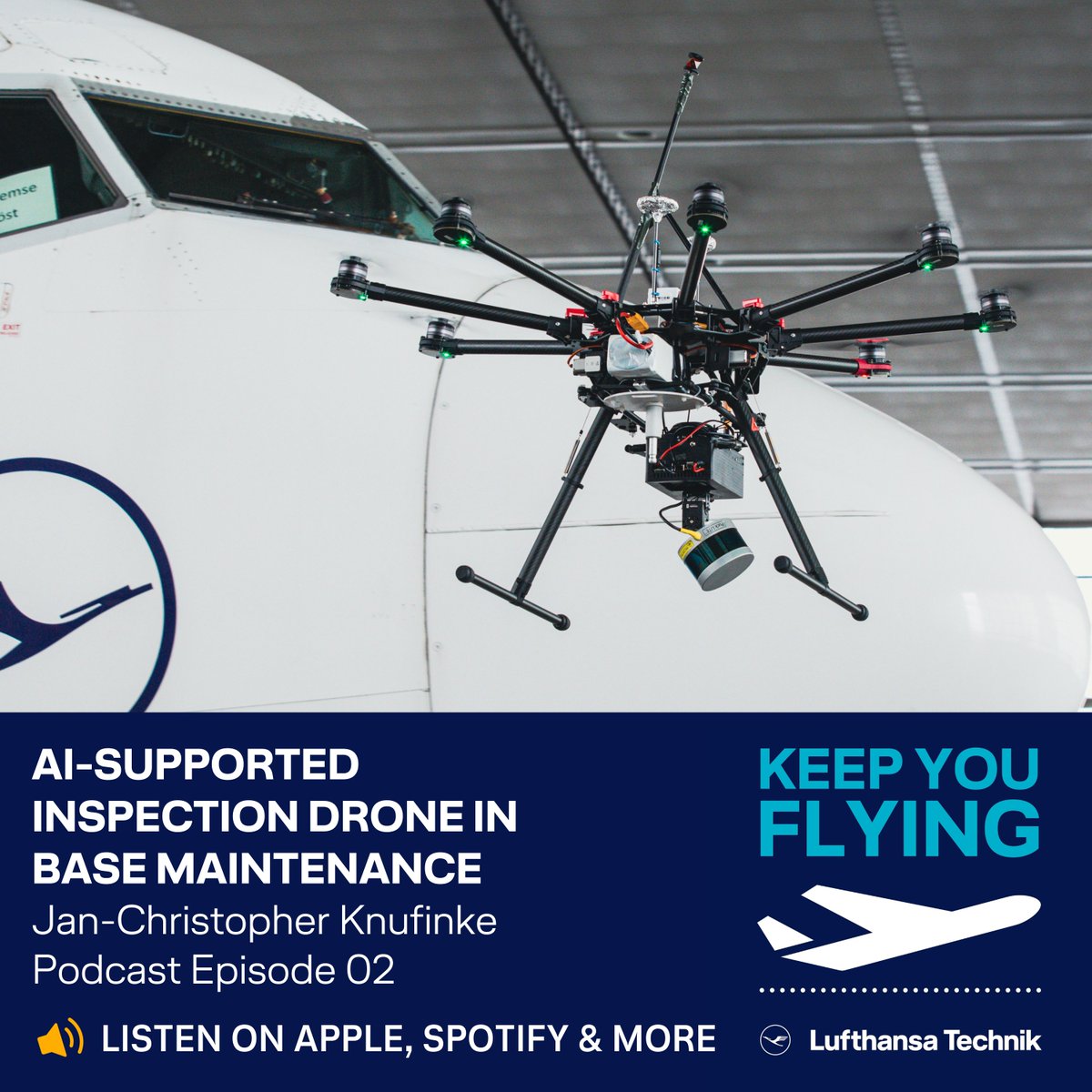 LHTechnik's tweet photo. Listen to Jan-Christopher Knufinke as he talks about "AI-supported inspection drone in base maintenance" in the second episode of our podcast KEEP YOU FLYING on Apple Podcasts https://t.co/7iq9ZcIfOp, Spotify https://t.co/UhK8R6AyOQ &amp; more! #artificialintelligence #MROexperts https://t.co/VpGuvX5FKs