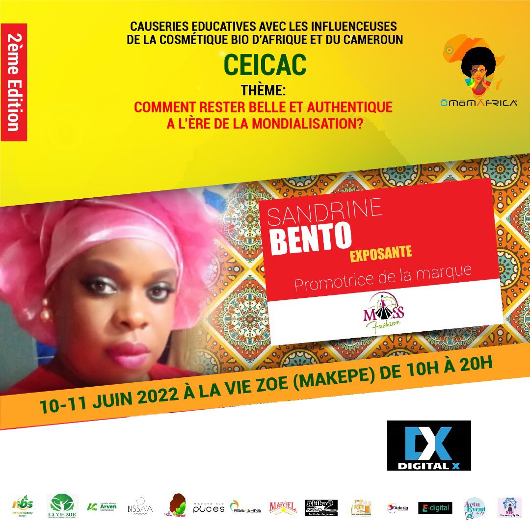 ActuEvent2Fifi's tweet photo. #CEICAC📌
💡 :Comment rester belle et authentique à l’ère de la mondialisation !?

⚙️ Présentation des exposantes 
1-  Sandrine Bento, 
2-Vicky Diamond;
3- Bissa’a Cosmetics . 

🗓 10 - 11 Juin  
🕙 10 - 20h

⛳️ La vie Zoé - Douala (Makepe)
#ActuEvent2Fifi📌 #ExpositionVente https://t.co/1Hb9wzgm28