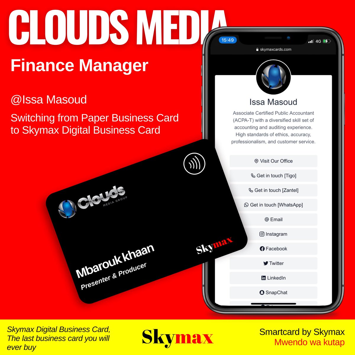 skymaxdigital's tweet photo. Clouds Media; Finance Manager  Mr. Issa Masoud Associate Certified Public Accountant (ACPA-T) Switching now from paper business Card to Skymax Digital Business Card.    

Na wewe bado hujachelewa    
Switch now ☑️  

Call/ WhatsApp:+255 744 275 208    #skymax #skymaxdigital https://t.co/Z6etKEqSUP