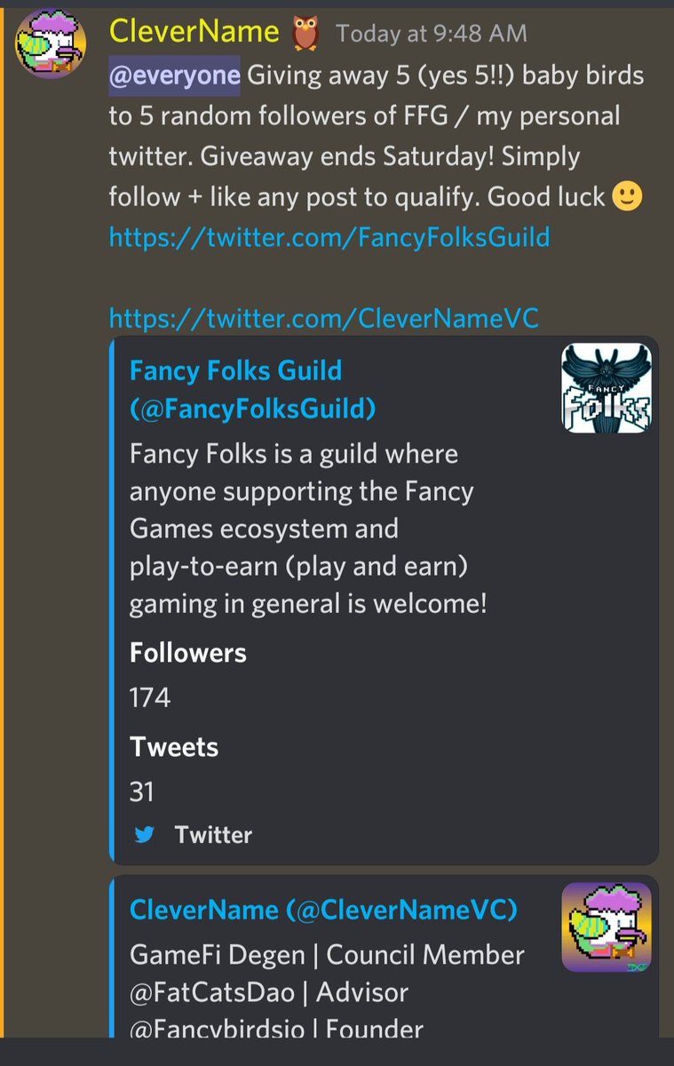 Want to join <a href="/Fancybirdsio/">Fancy Birds Official</a> tournament but don't have own bird check this out our manager will be giving a 5 baby birds for ramdom followers you just simple follow,like,retweet and dont forget to join our discordhttps://discord.gg/49qnmKww 

<a href="/FancyFolksGuild/">Fancy Folks Guild</a> @CleverNameVC