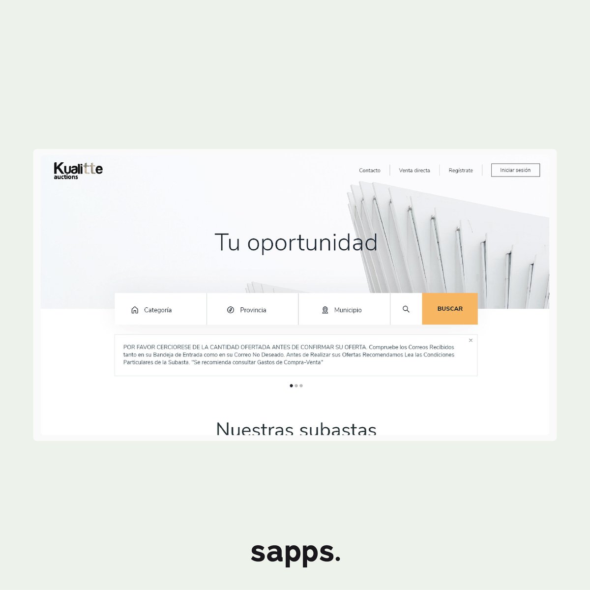 sappsestudio's tweet photo. Diseño UXUI Desarrollo web para la empresa Kualitte. 

Kualitte Auctions, consolidada en el sector de las subastas de activos concursales ha cobrado prestigio al  saber hacer a un sector que a lo largo se había caracterizado por su escasa digitalización

🔗https://t.co/02sPchhK1Q https://t.co/Yf6Dq6aSNo