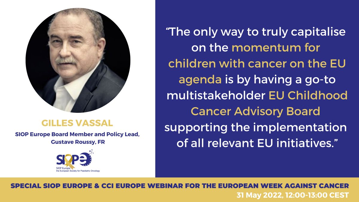 SIOPEurope's tweet photo. Gilles Vassal presenting the vision of an EU Childhood Cancer Advisory Board during the Special SIOP Europe &amp; CCI Europe Webinar in the context of the European Week Against Cancer ⬇️

#EWAC22 #childhoodcancer #pedonc https://t.co/39lt3BPizO