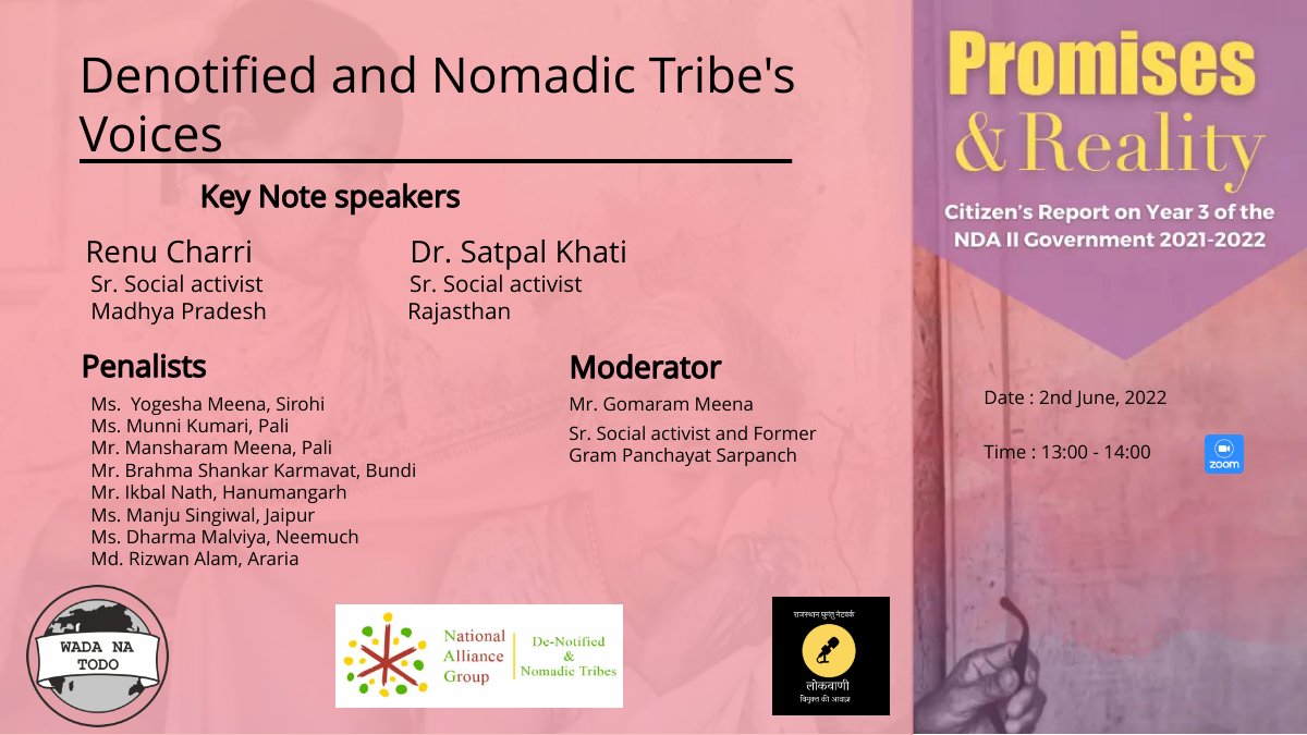 Denotified and Nomadic Tribe's Voices. 

2nd June, 2022 at 13:00. 
Online Zoom Webinar

Please register your participation at: forms.gle/GweyKEbAbTKDSb…

<a href="/wadanatodo/">Wada Na Todo Abhiyan (WNTA)</a>
