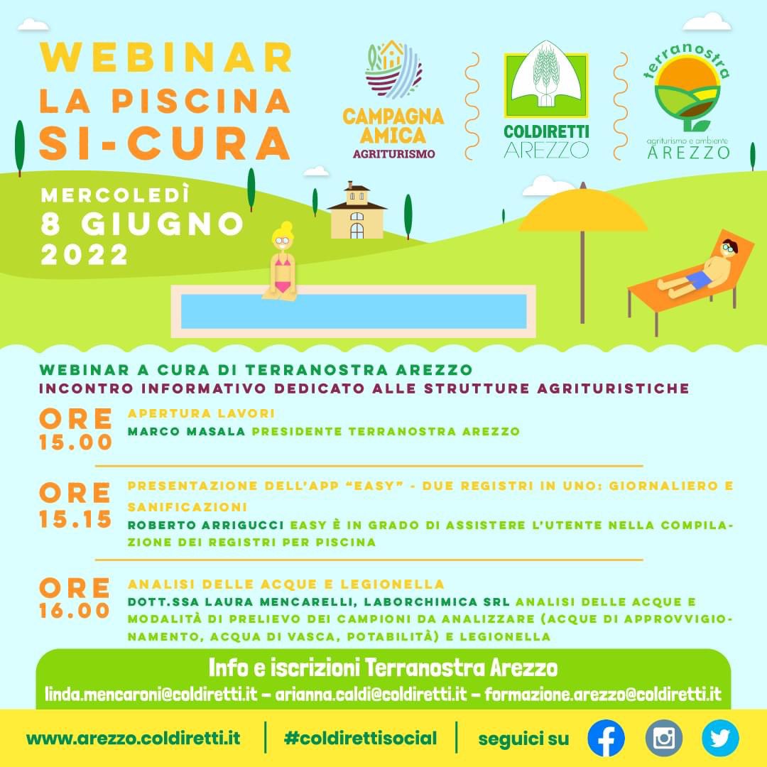 coldirettiAR's tweet photo. 📣 Webinar La piscina Si-cura
🗓 8 giugno ⏰ ore 15 📲 Zoom.
🟠 Segna la data e partecipa!
📌 Info e link collegamento Terranostra Arezzo Agriturismi Campagna Amica. #Coldirettisocial https://t.co/MOAHRTt79J